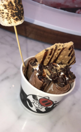 The Rolling Cow’s signature flavor “Classic S’mores,” topped with a toasted marshmallow and graham cracker. Photo by Amber Leung. 
