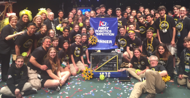 The team with their robot, Brazin’, after winning. All photos by FRC Team 1676.