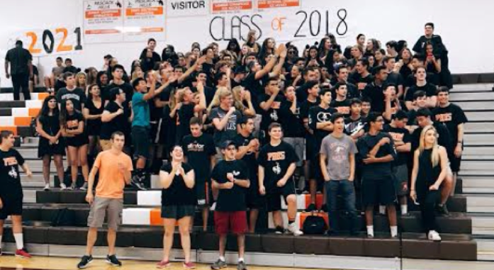 The Class of 2018 taking a break from college applications to enjoy the pep rally. Photo by Olivia Lein.