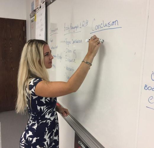 Pfleging teaching in her new classroom