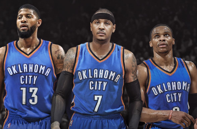 Forwards Paul George (left) and Carmelo Anthony (middle) joined Russell Westbrook in Oklahoma City to form the NBA’s latest super team. Photo from Bleacher Report. 