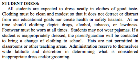 Dress code in the Student Handbook. Photo by Larissa Aquaviva. 