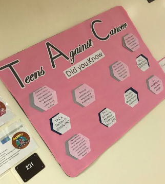A photo of the TAC bulletin board showcasing facts about cancer. 