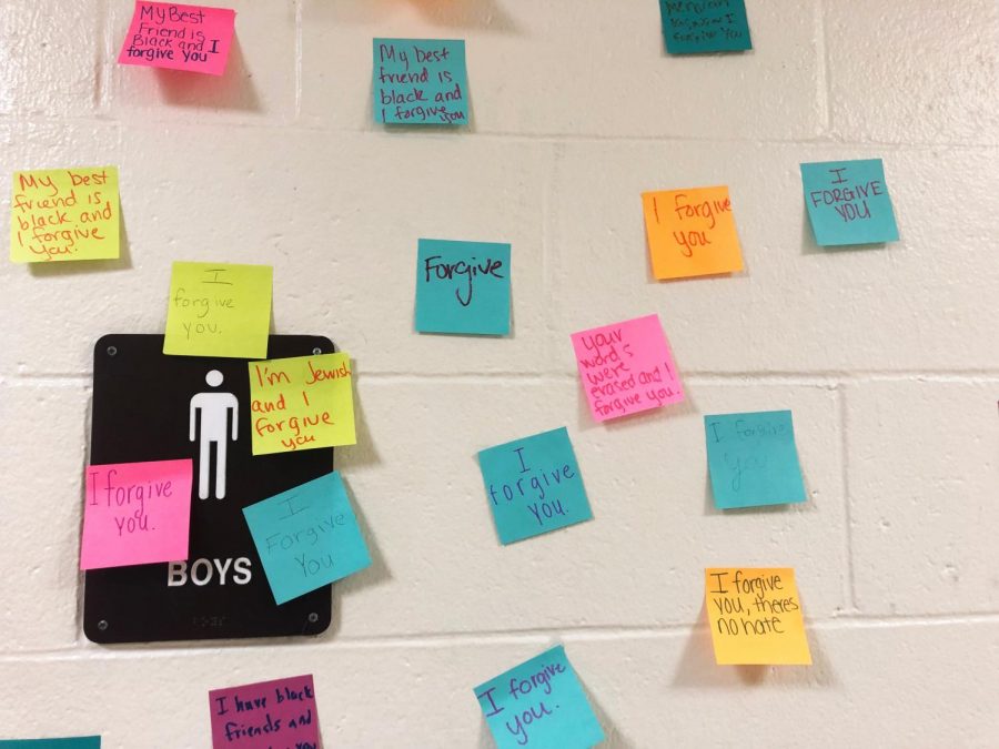 Post-It Notes on a Boys Bathroom Sign