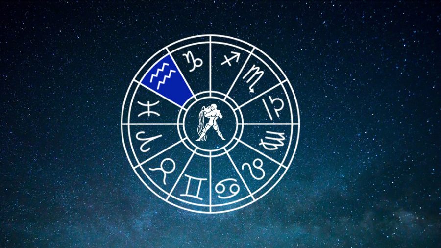 Horoscope symbols, with the the current horoscope, Aquarius, highlighted in blue. Photo courtesy of Creative Commons.