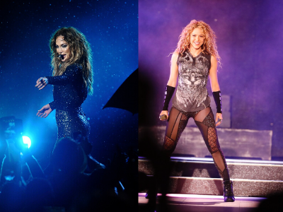 Jennifer Lopez and Shakira, both of Latin origin, performing. Photos courtesy of Wikimedia Commons.