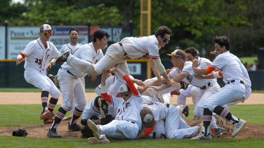 The Pascack Hills baseball team after capturing their second consecutive state championship in 2019.