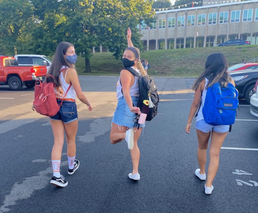 Three Hills seniors walk to school on their first in-person day of the 2020-21 school year.