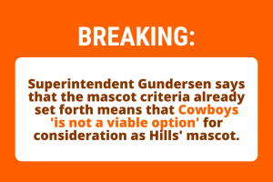 Superintendent Erik Gundersen clarified on Wednesday that Cowboys cannot be considered for Hills mascot.