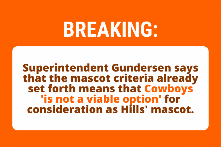 Superintendent Erik Gundersen clarified on Wednesday that Cowboys cannot be considered for Hills' mascot.