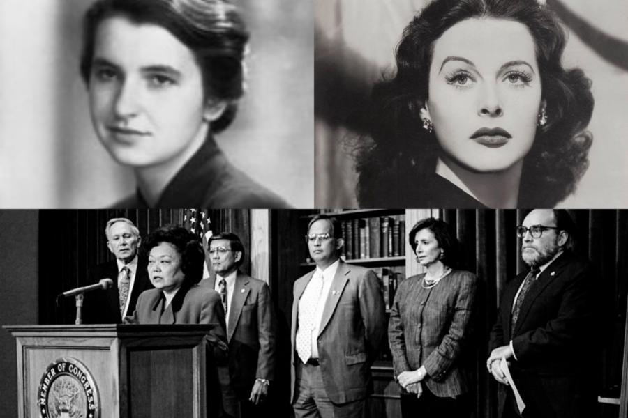 Hedy Lamarr, left; Rosalind Franklin, right; Patsy Mink, bottom.