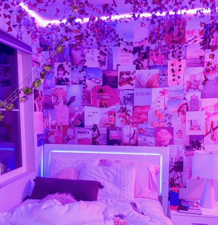 Aesthetic dorm room with led string fairy lights vines flowers