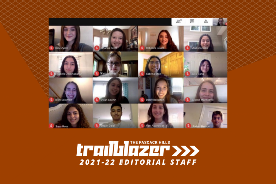 The+Trailblazers+2021-22+editorial+staff+along+with+advisor+Vani+Apanosian.