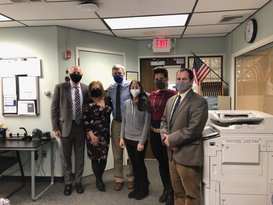 From left to right: Director of Curriculum Barry Bachenheimer, Director of Special Services Eva Merk, Principal Timothy Wieland, Punim, Assistant Principal Charleen Schwartzman, and Interim Superintendent Daniel Fishbein