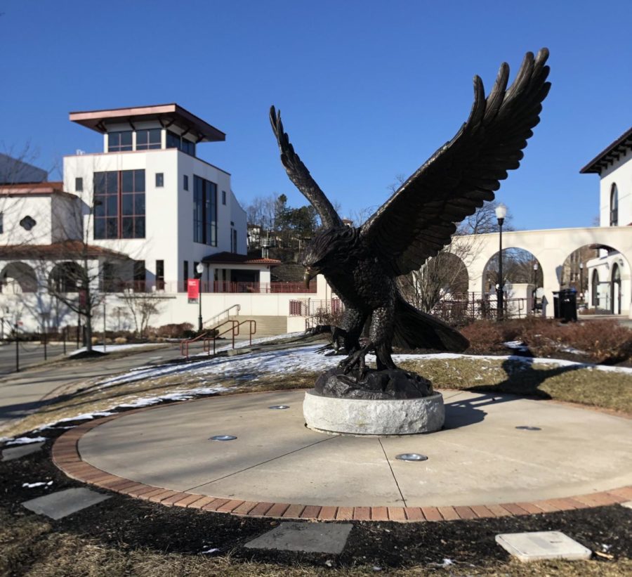 A photo of M.S.U.’s hawk statue on campus. 
