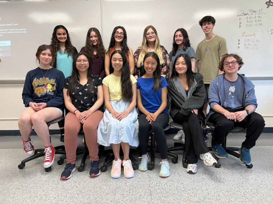 Some of the 2022-23 staff pictured with advisor Vani Apanosian. Top row (from left to right): Briana Keenan, Paige Geanopulos, Vani Apanosian, Kaitlyn Verde, Anabelle Joukhadarian, and Sam Goldstein. Bottom row (from left to right): Rily Alexander, Sabrina Moe, Bethany Chen, Olivia Ge, Julia Bang, and Ethan Kaufman.
