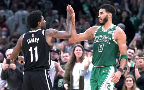 Playoff opponents and former teammates, Nets’ guard Kyrie Irving and Celtics’ forward Jayson Tatum.
Photo licensed under Creative Commons.