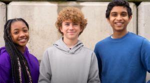 From left to right:  Leah Sava Jeffries, Walker Scobell, and Aryan Simhadri. They will portray Annabeth Chase, Percy Jackson, and Grover Underwood in the series, respectively. 