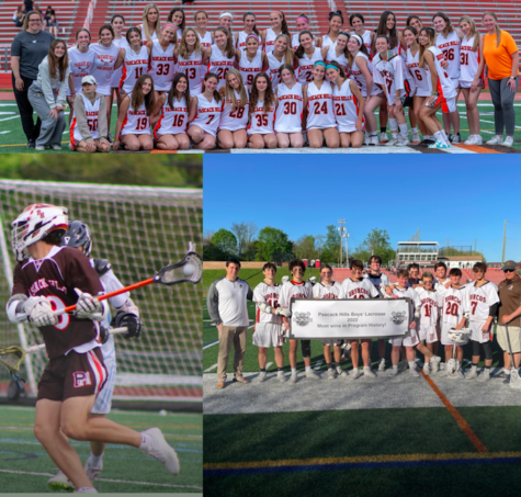 Walsh with the girls lacrosse team (top), Stewart (bottom left), and Bucco with some members of the boys lacrosse team (right).