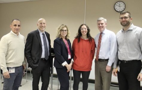From left to right: Pascack Hills athletic director Steven Papa, district Director of Curriculum, Instruction and Assessment, Barry Bachenheimer, Hills assistant principal Christine Pollinger, Sandhage, Hills principal Tim Wieland, and Hills assistant principal Derek Piccini.