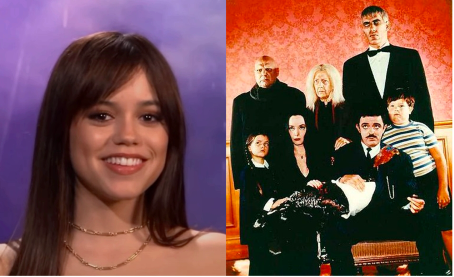 Jenna Ortega (left), who portrays Wednesday Addams and the cast of the 1964 Addams Family series (right).