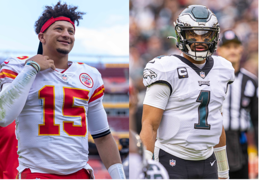 Patrick+Mahomes+%28left%29+and+Jalen+Hurts+%28right%29%2C+the+quarterbacks+of+this+year%E2%80%99s+Super+Bowl+teams.