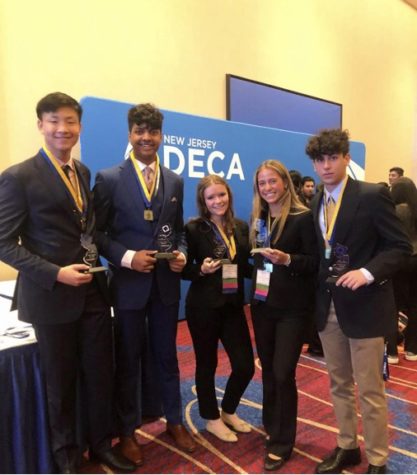 Some of the students that qualified for Nationals. (From left to right: Stephen Huang, Amresh Balakrishnan, Kaitlyn Lafferty, Emily Sailer, and Gabe Crandall.)