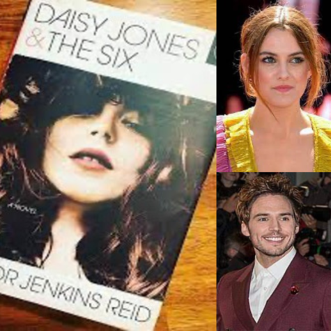  The cover of “Daisy Jones and the Six” (left), Riley Keough (top right), and Sam Clarfin (bottom right.  