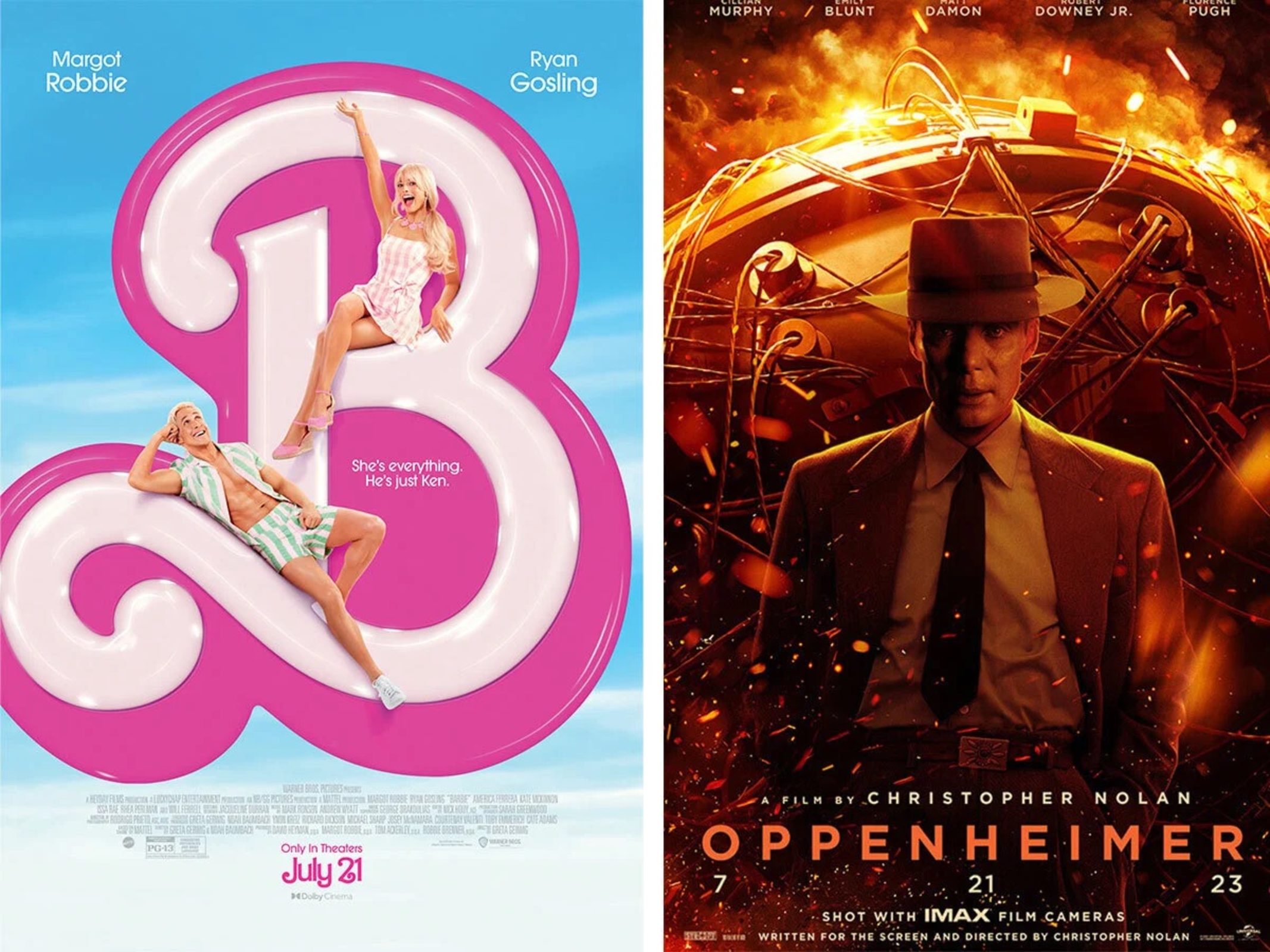 Barbie poster (left) and Oppenheimer poster (right). 