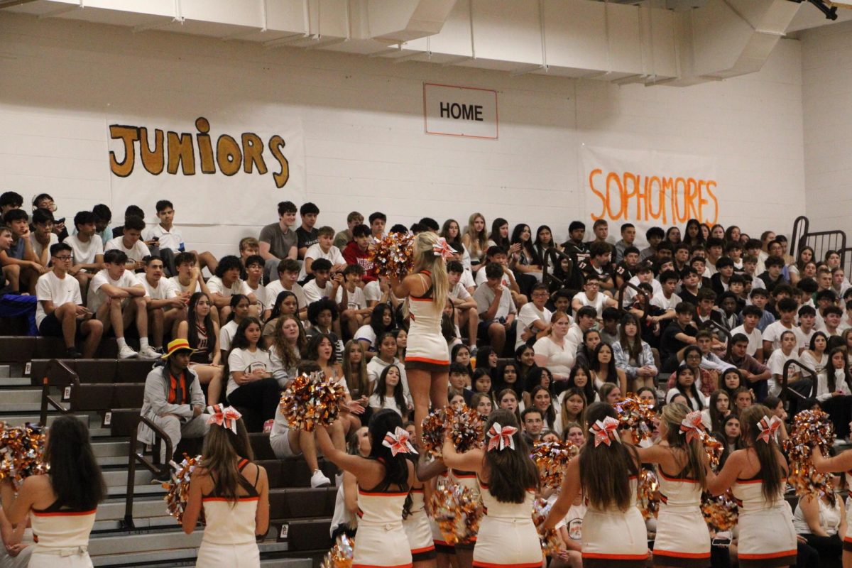 The Pascack Hills cheerleaders hyping up the student section before the pep rally.