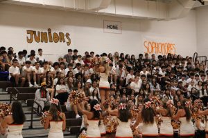 The Pascack Hills cheerleaders hyping up the student section before the pep rally.